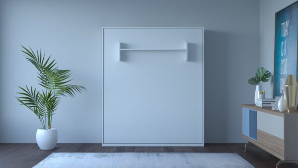 A sleek, white wall-mounted Murphy bed in a closed position.