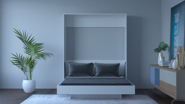 A modern white Murphy bed with a grey mattress and pillows folded down into a vertical position, resembling a cabinet.