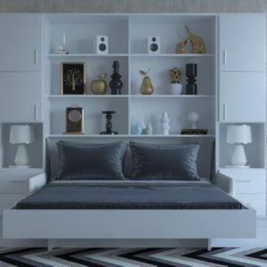 A modern wall bed integrated with storage shelves, featuring a neatly made bed with grey bedding and multiple decorative items on the shelves.