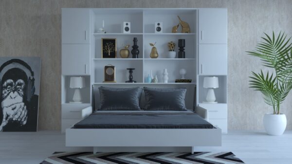 A modern wall bed integrated with storage shelves, featuring a neatly made bed with grey bedding and multiple decorative items on the shelves.