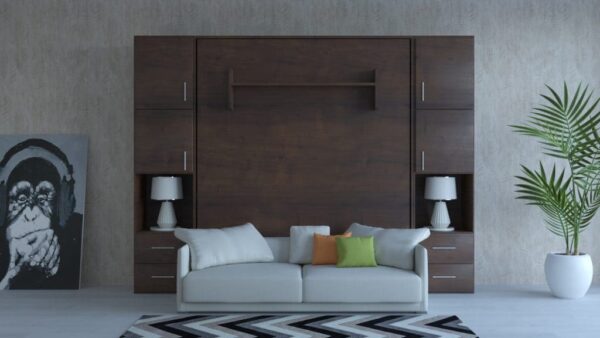 Brown Closed wall bed with convenient storage options.