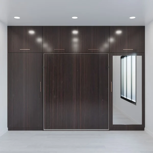 modern bedroom showcasing dark wood cabinets, a wall-mounted bed, and a mirror enhancing the room's elegance.