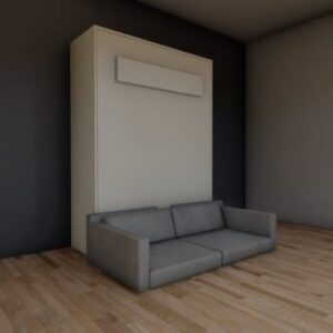 A wall bed with a sofa in front of it. The wall bed is folded up against the wall. The sofa is a light gray color.