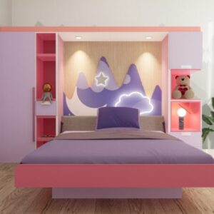 A Murphy bed for kids, designed with a playful theme, is unfolded in a room. The bed features a pink and purple color scheme with a whimsical mountain and stars backdrop.