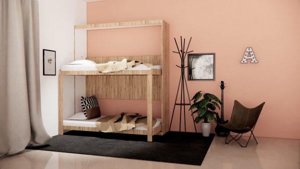 A modern bedroom with a minimalist design featuring a wooden loft bed with white bedding, a black and white cushioned bench underneath, and a khaki sling chair. The room has peach-colored walls, two framed artworks, an ‘A’ wall decor, and a tall coat stand.