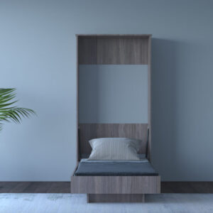 A folding wall bed in opened position, revealing a comfortable sleeping area