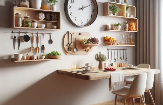 Wall-mounted dining table in a modern home, showcasing a space-efficient and stylish design.