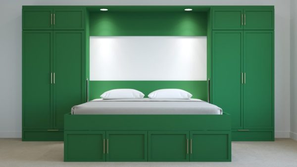 Open green wall bed showcasing a cozy sleeping area, designed as part of stylish small space furniture